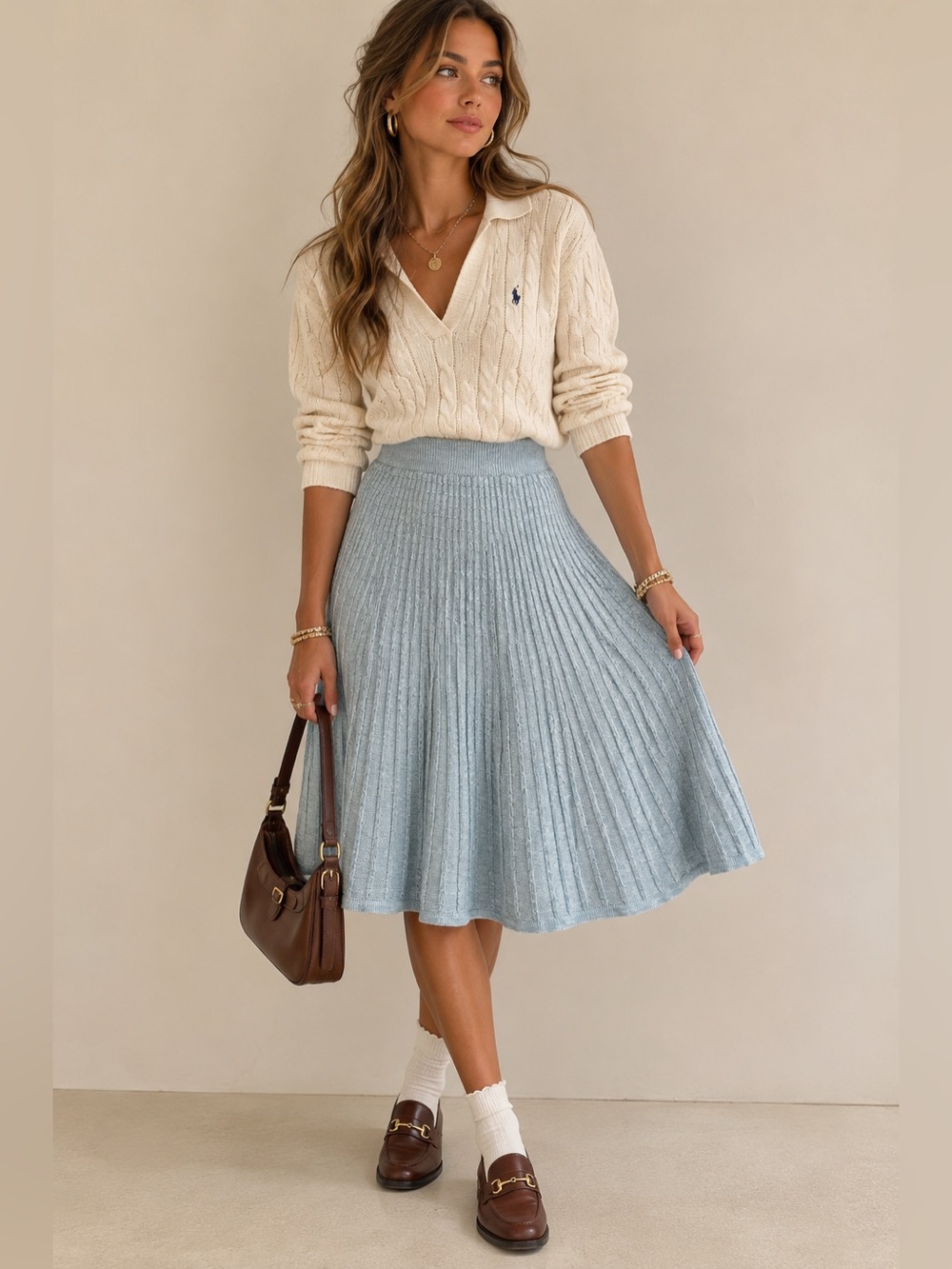 Lauren Ralph Lauren Black Label Linen Cotton Knit A Line Midi Skirt Pale Blue L